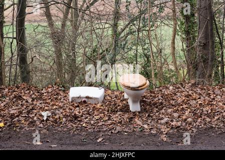 Faites le vol dans la campagne de Herefordshire, au Royaume-Uni - une citerne de toilettes et de toilettes déversée sur une voie de campagne tranquille Banque D'Images