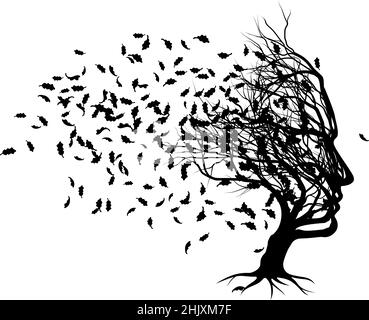 Illusion optique Tree face avec des feuilles soufflantes Illustration de Vecteur