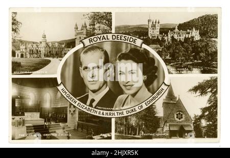 Carte postale originale de montage photo des années 1950 de la reine Elizabeth 11 et HRH Duc d'Édimbourg, Royal Deeside, plus résidence royale Château Balmoral, Église de Crithie (lieu de culte de la famille royale britannique lorsqu'ils sont en résidence au château Balmoral voisin.)Écosse, Royaume-Uni Circa 1953 Banque D'Images