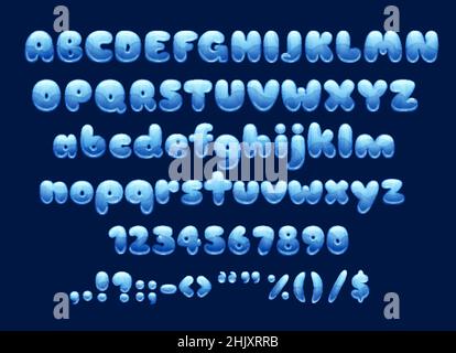 Police des bulles et des gouttes d'eau de dessin animé.Lettres, chiffres et signes à bulles de couleur bleue vectorielle.Bulles d'eau et gouttes de type ABC alphabet de dessin animé mousse splash o Illustration de Vecteur