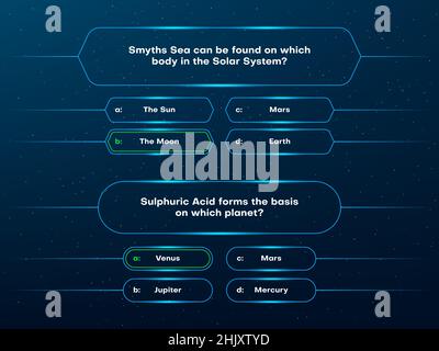 Questionnaire et test menu choix Neon modèle.Mise en page vectorielle d'un spectacle TV ou d'un jeu trivia.Modèle de jeu de quiz ou de concours intellectuel, écran Illustration de Vecteur