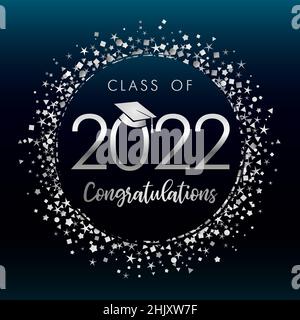 étiquette de confettis argentés scintillants 2022 diplômés sur fond bleu foncé.Classe de remise de diplôme de 2022 image vectorielle avec chapeau académique carré pour féliciter Illustration de Vecteur