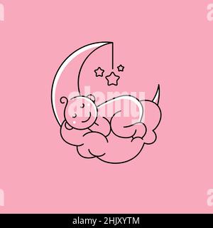 Logo vectoriel, badge et icône de bébé endormi sur le nuage et la lune avec des étoiles. Illustration de Vecteur