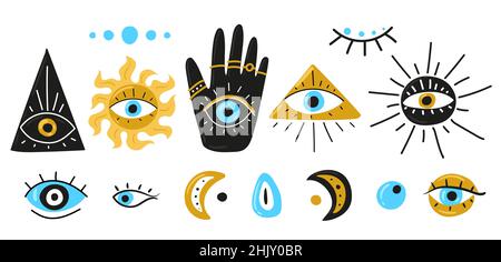 Mauvais yeux.Jeu de mascottes dessinées à la main.Mal oeil, Hamsa, main de Fatima, oeil de Providence.Illustrations vectorielles d'amulettes en bleu.Style de dessin FreeHand.Isolé sur blanc Illustration de Vecteur