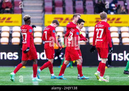 Farum, Danemark.31st janvier 2022.Oliver Villadsen (23) du FC Nordsjaelland a obtenu un score lors d'un match test entre le FC Nordsjaelland et l'IFK Goteborg à droite de Dream Park à Farum.(Crédit photo : Gonzales photo/Alamy Live News Banque D'Images