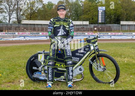 Jason Crump, trois fois champion du monde du circuit de course.Ipswich Witches Speedway, le jour de la presse.14 mai 2021. Banque D'Images