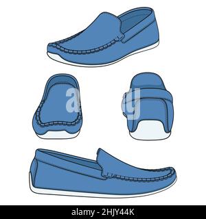 Ensemble d'illustrations avec chaussures, mocassins en denim bleu.Objets vectoriels isolés sur fond blanc. Illustration de Vecteur