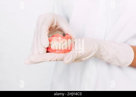 Prothèse dentaire dans les mains du médecin en gros plan.Dentiste tenant un pont dentaire en céramique.Vue avant de la prothèse complète.Pho conceptuel de la dentisterie Banque D'Images
