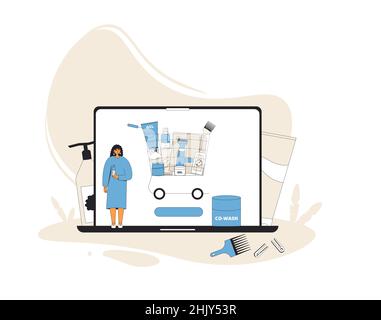 Boutique en ligne pour les cheveux bouclés.Panier avec après-shampooing, shampooing et soin des cheveux sur l'écran d'ordinateur portable.Jeune femme qui fait une commande sur onlin Illustration de Vecteur