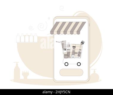 Boutique en ligne.Panier avec après-shampooing, shampooing et soin des cheveux sur l'écran du smartphone.Commandez sur la boutique en ligne pour acheter des outils et des cosmétiques pour les cheveux Illustration de Vecteur