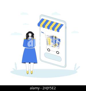 Boutique en ligne pour les cheveux bouclés.Panier avec après-shampooing, shampooing et soin des cheveux sur l'écran du smartphone.Jeune femme faisant une commande sur o Illustration de Vecteur