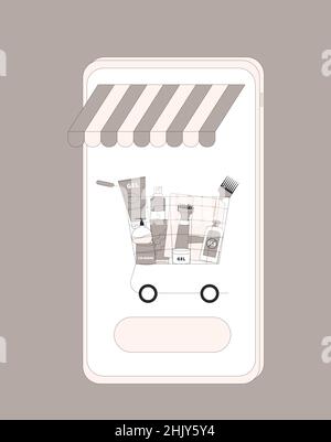 Boutique en ligne.Panier avec après-shampooing, shampooing et soin des cheveux sur l'écran du smartphone.Commandez sur la boutique en ligne pour acheter des outils et des cosmétiques pour les cheveux Illustration de Vecteur
