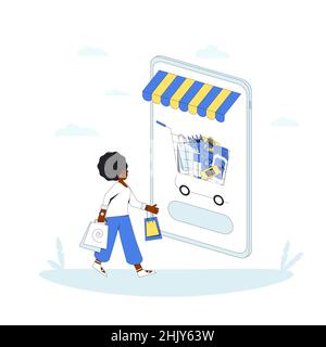 Boutique en ligne.Panier avec après-shampooing, shampooing et soin des cheveux sur l'écran du smartphone.Jeune femme faisant une commande sur la boutique en ligne à l'achat t Illustration de Vecteur