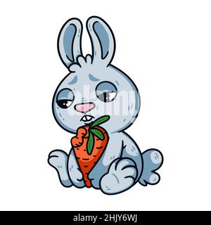 Triste petit lapin de pâques avec une carotte mordue.Lapin le symbole du nouvel an chinois lunaire 2023.Lièvre avec les yeux et légumes malheureux.Vecteur animal de ferme Illustration de Vecteur