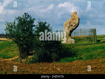 Vue au nord-ouest de la pierre du roi, Warwickshire, Angleterre, Royaume-Uni.Situé sur une élévation naturelle à côté d'une piste, d'une colonie et de la ville préhistoriques. Banque D'Images