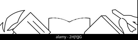 Livres et écriture liés bannière horizontale ou fond de modèle de bordure inférieure.Illustration vectorielle à ligne plate isolée sur blanc. Illustration de Vecteur