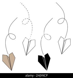 Ensemble de trois types d'illustrations vectorielles des icônes de plan de papier.Contour simple, silhouette et couleur papier avion isolé sur fond blanc.Icône s Illustration de Vecteur