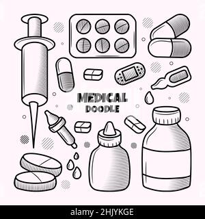Ensemble d'éléments médicaux avec illustration du contour de l'enlinet dessiné à la main Illustration de Vecteur