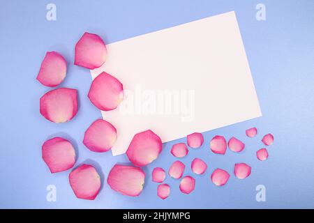 Pétales de rose avec feuille pour texte sur fond bleu.Vacances, Saint-Valentin, Journée internationale de la femme et de la mère, 8 mars, anniversaire.Copier l'espace Banque D'Images