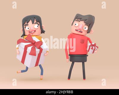 Femme tenant un grand paquet cadeau et homme tenant un petit paquet cadeau.Boîte.3d illustration. Banque D'Images