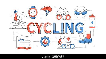 Cyclisme - bandeau en toile rouge et bleu moderne de style plat avec éléments de ligne.Contour modifiable.Illustration avec vélo, casque de sécurité, lunettes de soleil, carte Illustration de Vecteur