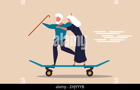 Homme et femme à la retraite sur skateboard.Concept d'illustration de vecteur de pension pour les vacances et voyages d'âge senior.Vie des personnes âgées et ami heureux Illustration de Vecteur