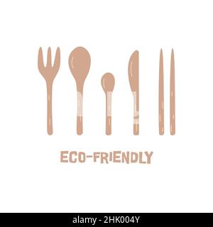 Ensemble de couverts en bambou.Couverts européens et asiatiques écologiques.Fourchette, cuillère, couteau, bâtonnets de bambou.Illustration vectorielle colorée dessinée à la main isolée Illustration de Vecteur
