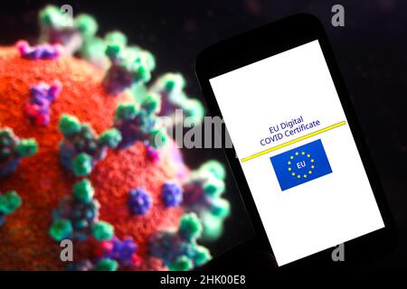 Pologne.01st févr. 2022.Sur cette photo, un logo du certificat de vaccination numérique contre le covid de l'UE apparaît devant l'image d'un coronavirus.Crédit : SOPA Images Limited/Alamy Live News Banque D'Images