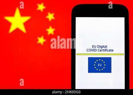 Pologne.01st févr. 2022.Sur cette photo, un logo du certificat de vaccination numérique contre les covidés de l'UE apparaît devant un drapeau national chinois.Crédit : SOPA Images Limited/Alamy Live News Banque D'Images