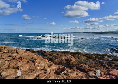 Vue à l'est depuis le port de Dunbar le long de la côte est de Lothian vers la centrale nucléaire de Torness.East Lothian, Écosse, Royaume-Uni Banque D'Images