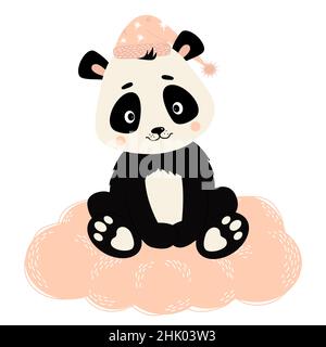 Le joli panda en chapeau de nuit est placé sur un nuage rose délicat.Illustration vectorielle.Bébé animaux caractère pour la pépinière, design, décoration et cartes postales, décor a Illustration de Vecteur