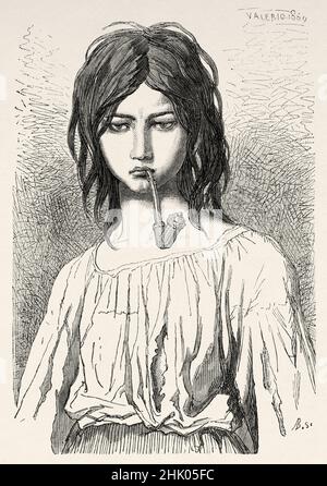 Portrait d'une fillette tzigane fumant une pipe de tabac, Essek zingara, région de Slavonija en Croatie, Europe.Vieux 19th siècle, illustration gravée de Voyage aux Slaves du Sud par Georges Perrot, le Tour du monde 1870 Banque D'Images