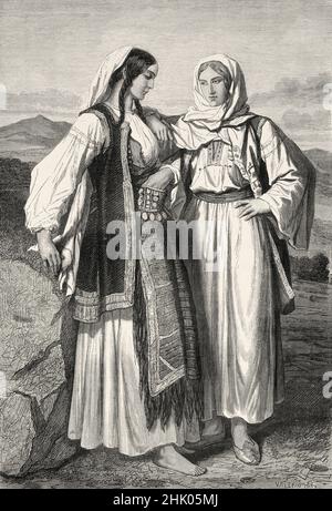 Femmes bosniaques de religion grecque, frontière militaire bosniaque, Bosnie, Europe.Vieux 19th siècle, illustration gravée de Voyage aux Slaves du Sud par Georges Perrot, le Tour du monde 1870 Banque D'Images