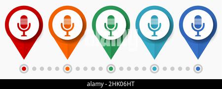 Podcast, jeu d'icônes vectorielles de concept de microphone, pointeurs de conception plats, modèle d'infographie Illustration de Vecteur