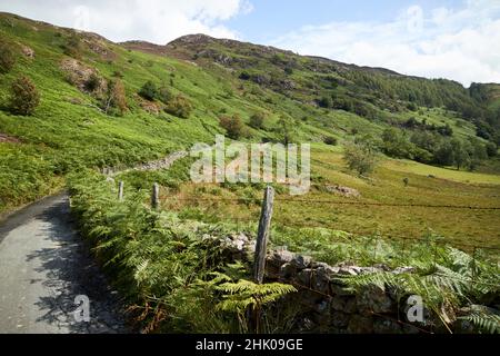 petite route sinueuse étroite entre la grande langdale et la petite langdale au-dessus du col de montagne sous le district lingmoor fell lake, cumbria, angleterre, royaume-uni Banque D'Images