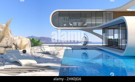 Concept d'une villa moderne futuriste en bord de mer avec piscine.Style de minimalisme, constructivisme Banque D'Images