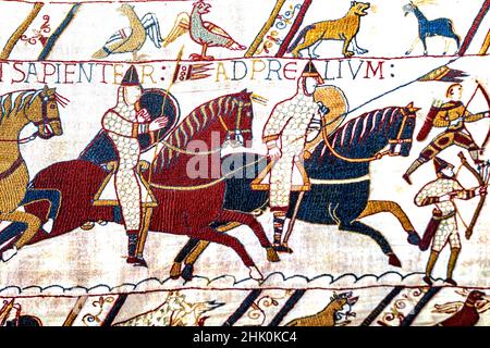 Tapisserie médiévale colorée de Bayeux Bayeux Normandie France.Créé 11th siècle juste après Battle Hastings 1066 AD montrant Norman Conquest Angleterre.