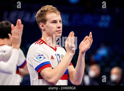 AMSTERDAM, PAYS-BAS - FÉVRIER 1 : Anton Sokolov, de Russie, célèbre la victoire lors du match de quarts de finale de l'Euro 2022 du Futsal masculin entre la Russie et la Géorgie au Ziggo Dome le 1 février 2022 à Amsterdam, pays-Bas (photo de Jeroen Meuwsen/Orange Pictures) Banque D'Images