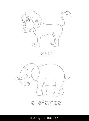 apprenez des noms d'animaux en espagnol, dessin d'un lion et d'un éléphant, mots de base pour les enfants Banque D'Images