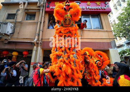 Kolkata, Inde.01st févr. 2022.Les personnes vêtues de costumes de dragon se produit lors de la célébration du nouvel an lunaire.le nouvel an lunaire tombe le 1 février, pour accueillir l'année du tigre et sa célébration par les Chinois du monde entier.(Photo par Avishek Das/SOPA Images/Sipa USA) crédit: SIPA USA/Alay Live News Banque D'Images