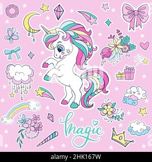 Ensemble de mignons dessins animés, licorne, fleurs et éléments magiques.Illustration vectorielle isolée.Pour le pack d'autocollants, l'impression, les affiches, le design, la décoration,linge de maison, vaisselle, Illustration de Vecteur