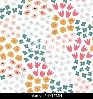 Motif fleuri abstrait sans coutures.Fleurs colorées, plantes.Printemps botanique, été.Joli motif coloré.Tulipes, pâquerettes.Style plat isolé Illustration de Vecteur