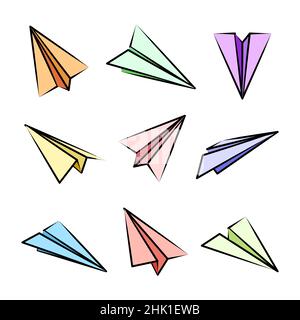 Différents plans de papier dessinés à la main. Des avions colorés. Icône avion, silhouettes avion simples. Contour, illustration vectorielle. Illustration de Vecteur