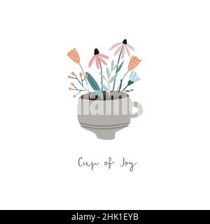 Anniversaire, carte de vœux du printemps, invitation.Coupe de joie manuscrite. Texte.Mug dessiné à la main, vase décoré de feuilles et de fleurs.Tasse de thé ou de café Illustration de Vecteur