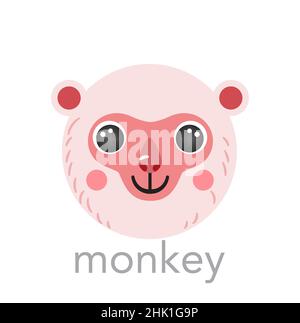 Adorable singe portrait japonais avatar avec nom texte sourire tête dessin animé forme ronde visage animal, illustrations vectorielles isolées.Plat simple dessiné à la main pour les enfants affiche UI, t-shirts, vêtements de bébé Illustration de Vecteur