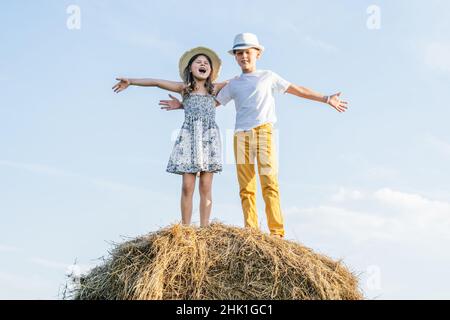Portrait des enfants garçon et fille restant et s'embrassant, chantant des chansons, agitant les mains jouant le singe sur haystack dans le champ.Journée ensoleillée.Vêtements pour enfants Banque D'Images