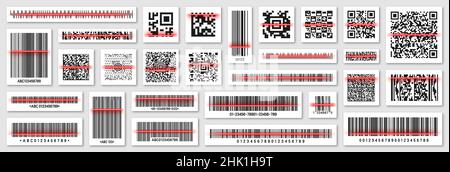 Codes-barres et codes QR avec ligne de lecture rouge. Code de suivi d'identification. Numéro de série, ID produit avec informations numériques. Stocker Illustration de Vecteur