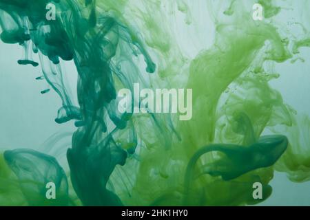 Peinture verte dans l'eau. Encre dans le liquide. Éclaboussures colorées dans le liquide. Arrière-plan abstrait Banque D'Images