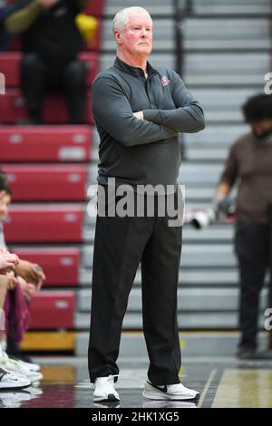 31 janvier 2022: Fran O'Hanlon, entraîneur-chef de Lafayette Leopards, regarde contre les Colgate Raiders pendant la deuxième moitié d'un match de basket-ball de la NCAA le 31 janvier 2022 au Kirby Sports Center à Easton, Pennsylvanie.Colgate défait Lafayette 72-61.Riche Barnes/CSM Banque D'Images