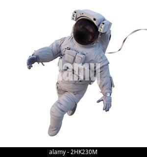 astronaute avec câble de sécurité volant dans l'espace, isolé sur fond blanc Banque D'Images
